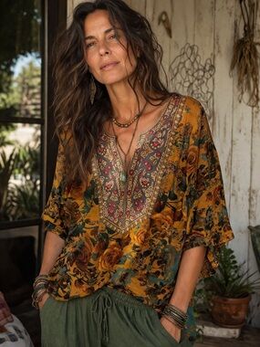 Soft Surroundings Mustard Floral Embroidered V-Neck Tunic Boho Lagenlook L